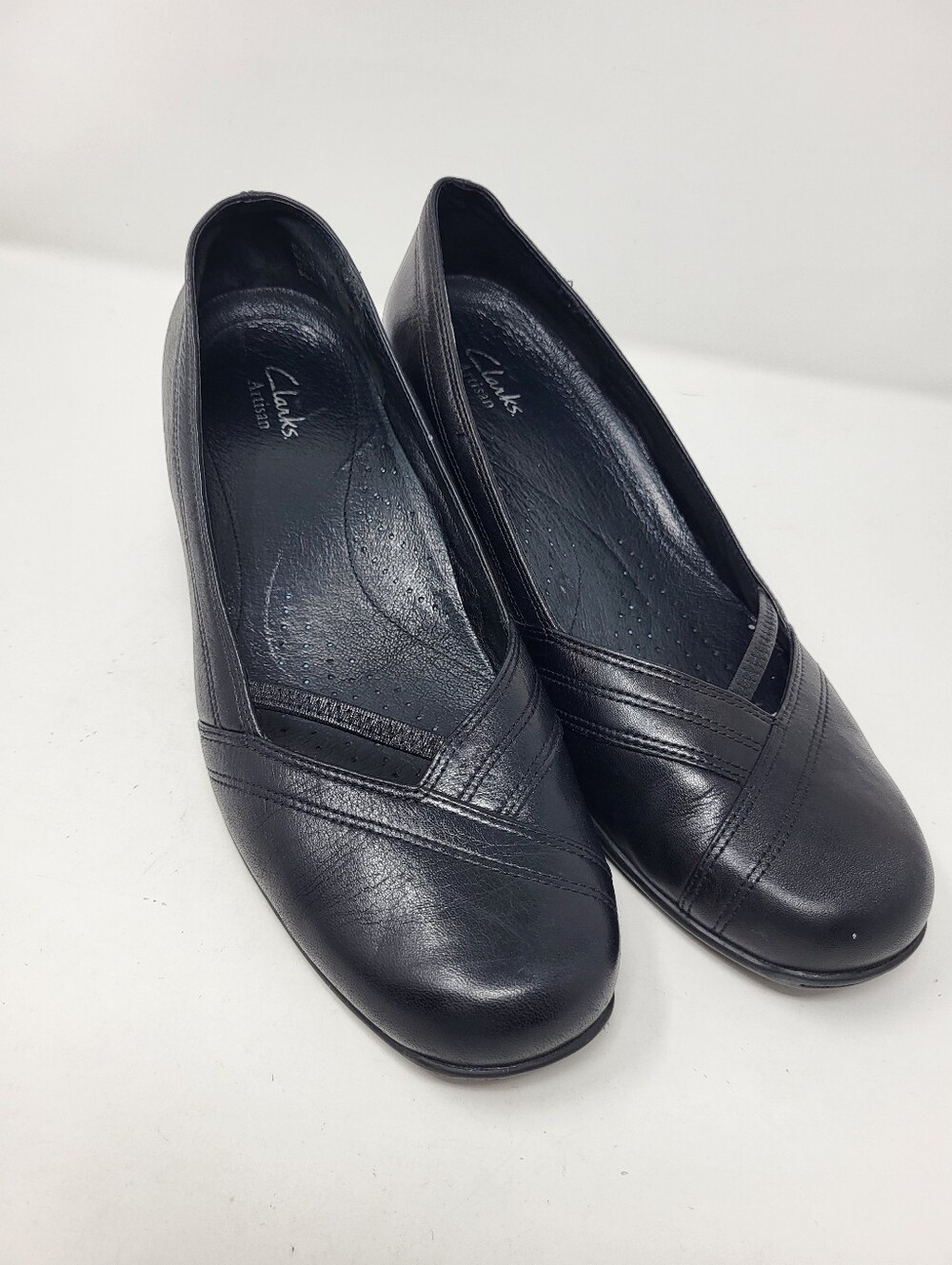 Clarks Black‎ Leather Block Heel Pump Slip On Artisan Office Dress Women's 9.5
